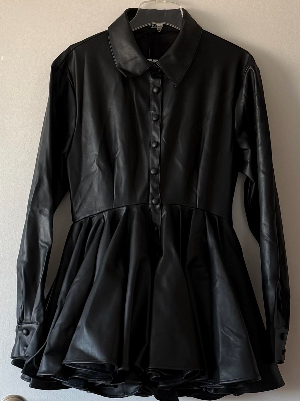 AKIRA Vegan Leather Collared Fit & Flare Mini Dress Tunic Top Black Large NWT